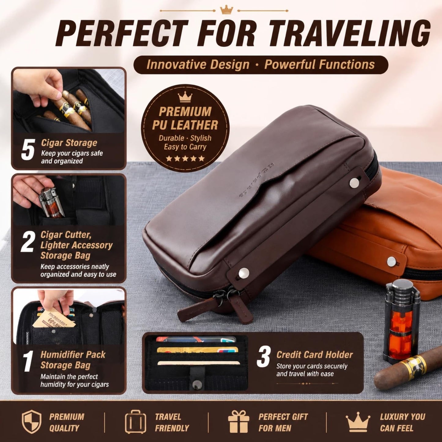 King's palace Portable Cigar Humidor & Leather Travel Cigar Case, with 5-Cigar Holder, 3 Accessory Pockets, 3 Credit Card Slots | Cigar Accessories Gift Set for Men