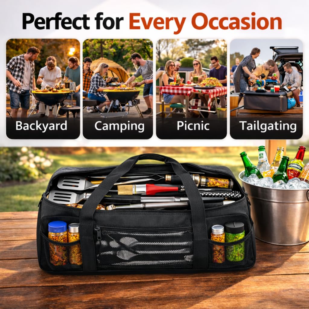 Vexillum Portable Grill Tool Storage Bag – Large BBQ Utensil Organizer for Grilling & Camping, Waterproof & Stain-Resistant Fabric with Pockets, Barbecue Accessories Case Container (22"x6.5"x7.2")