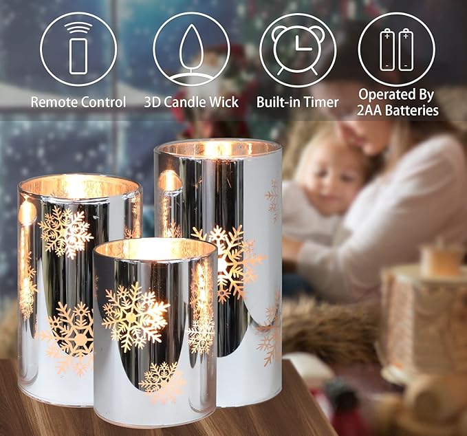 Christmas Flameless Candles Snowflake Electroplate Glass Candle Battery Candle with Timer Remote Realistic Pillar Candle for Xmas Home Decor Holiday Set of 3