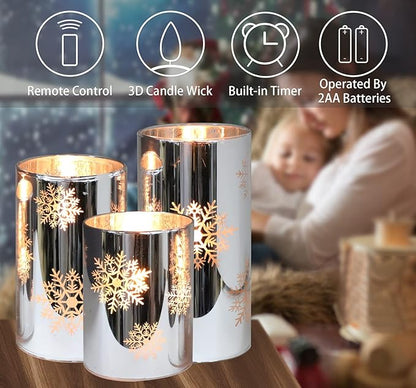 Christmas Flameless Candles Snowflake Electroplate Glass Candle Battery Candle with Timer Remote Realistic Pillar Candle for Xmas Home Decor Holiday Set of 3