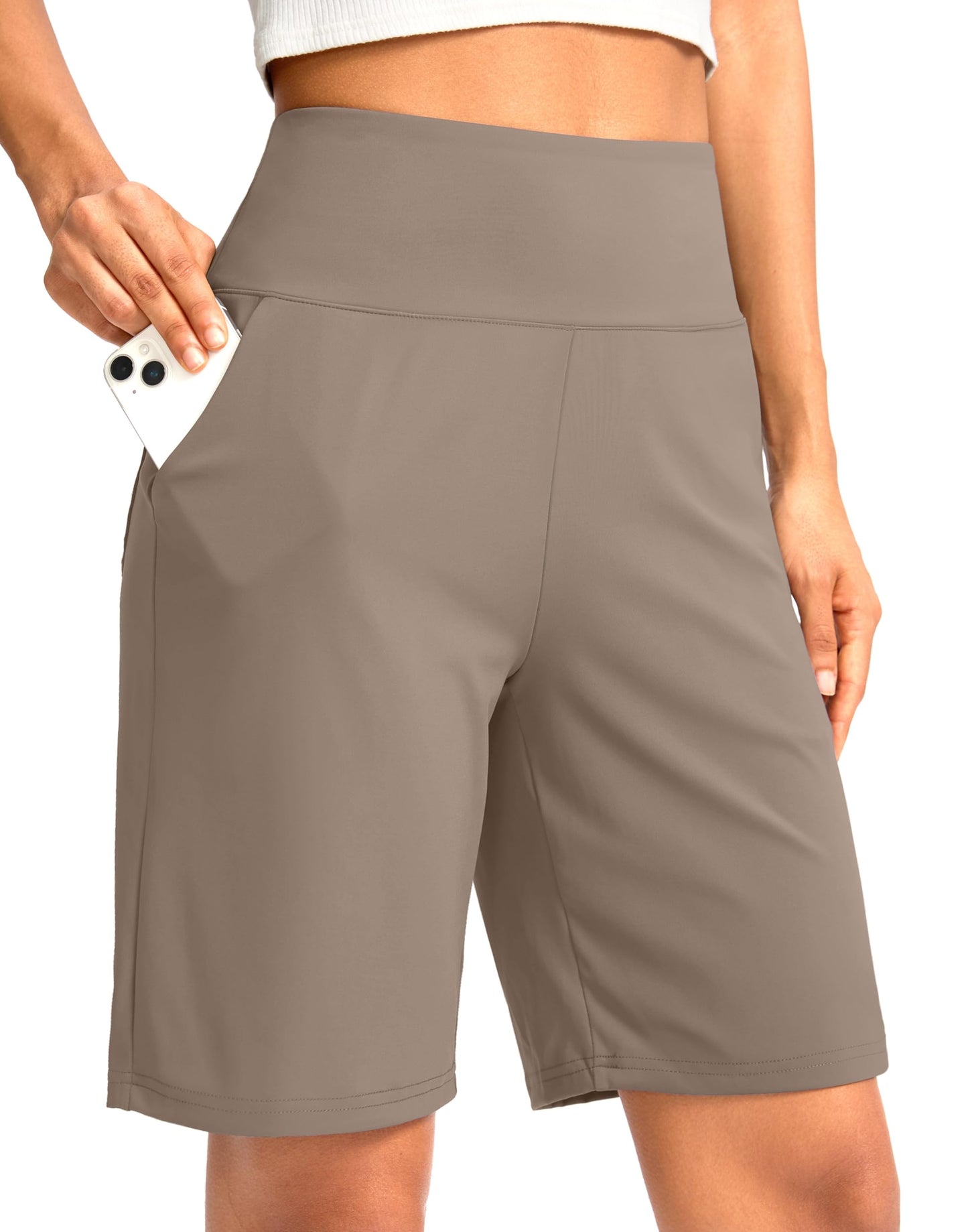 G Gradual Women's Bermuda Long Shorts with Pockets 9" High Waisted Knee Length Shorts for Women Walking Athletic Workout(Taupe,XXXL)