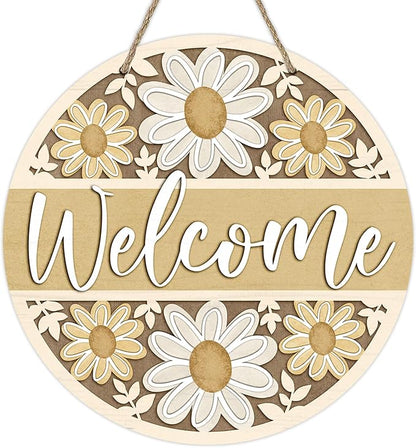 Deroro Welcome Spring Summer Daisy Flower Front Door Sign, Yellow Floral Farmhouse Wood Door Hanger Outdoor Outside Porch Decor, Rustic Seasonal Wooden Wreath Indoor Wall Hanging Decoration