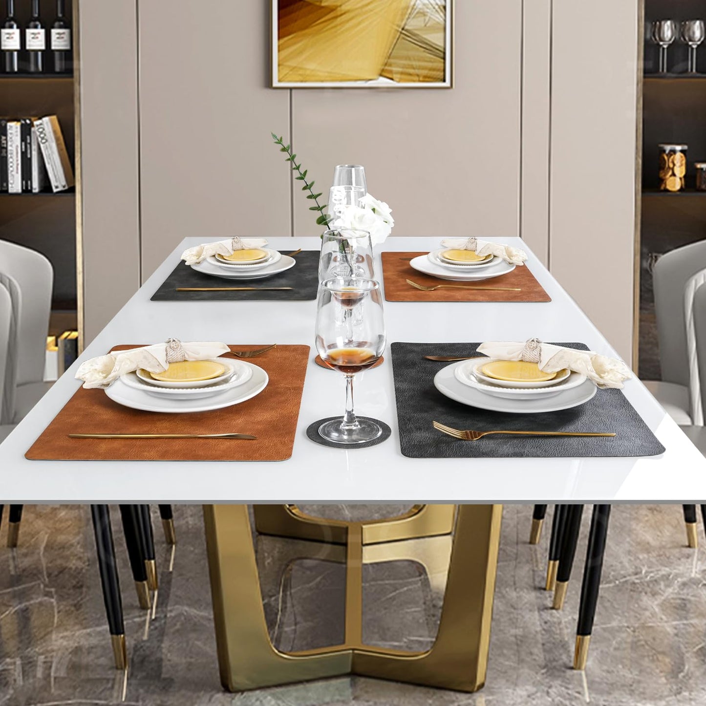 Pixieora Faux Leather Placemats and Coasters Set of 6, Washable Reversible Placemats Cowhide Pattern Place Mats Waterproof Non-Slip Kitchen Dining Table Mats Drink Coasters (Gray Brown, 6)