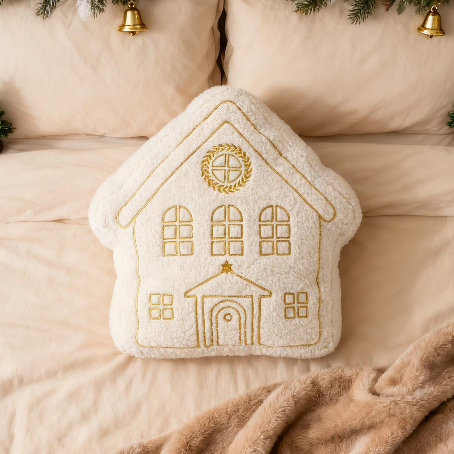 DN DECONATION House Shape Christmas Pillow, White Decorative Pillow 15In - Gold Embroidered Faux Fur Holiday Throw Pillow for Sofa Bedroom Home Christmas Decor