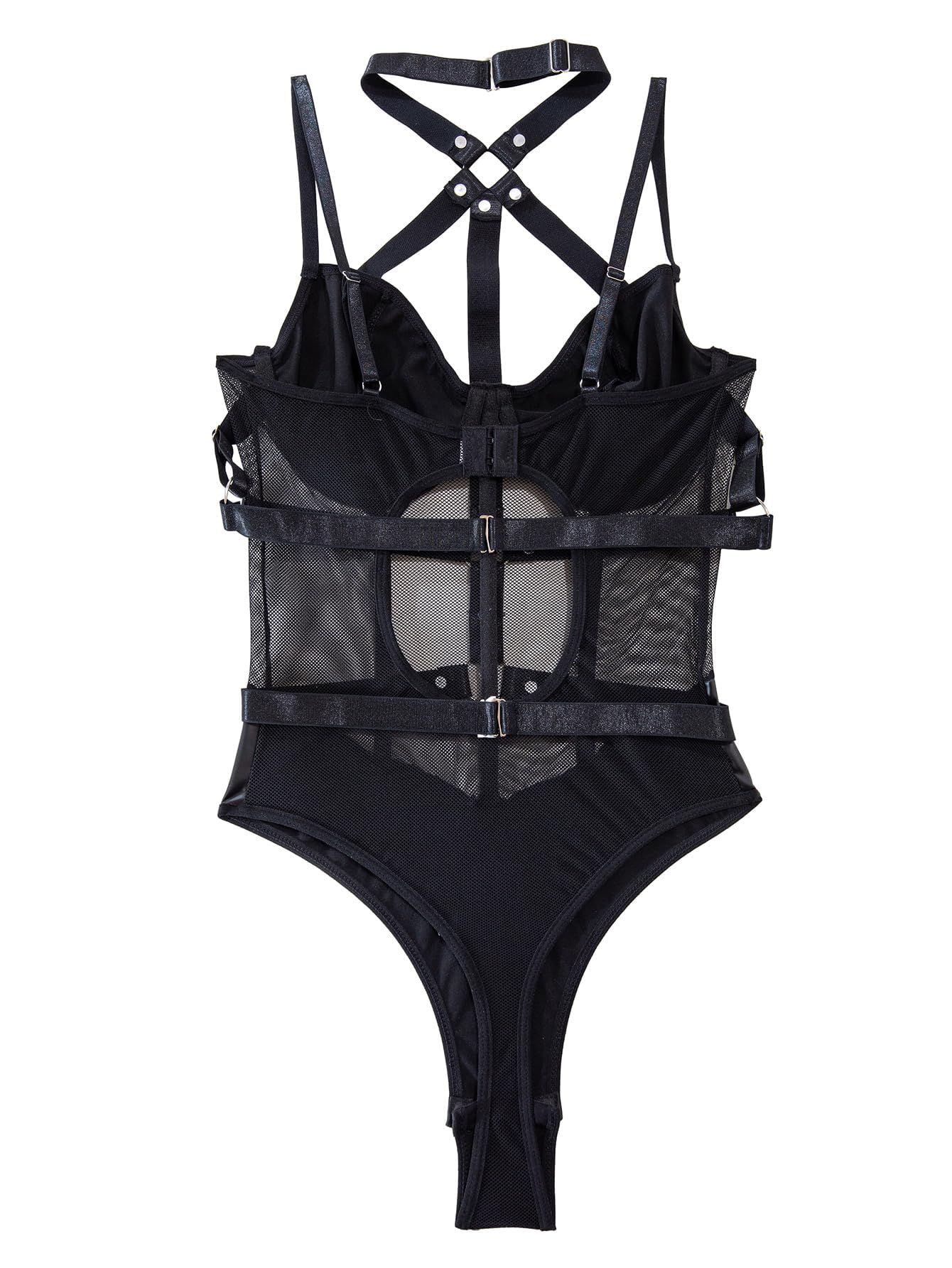 Lilosy Sexy Crisscross Choker Leather Underwire Push Up Mesh Sheer Babydoll Women Harness Teddy Bodysuit Nightgown Nightshirt One Piece Pu Latex Black Medium