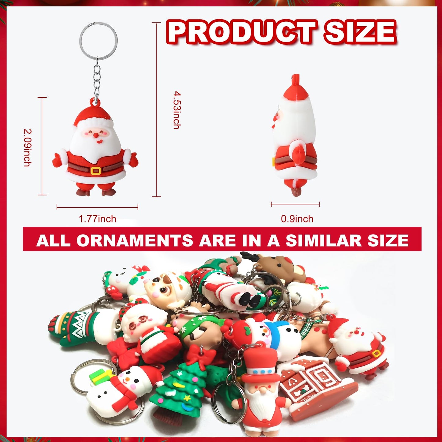 Becfupo 100 Pcs Christmas Rubber Keychains Bulk, 3D Santa Claus Snowman Xmas Tree Reindeer Hanging Ornaments With Keyrings For Christmas Tree Decoration, Xmas Party Supplies
