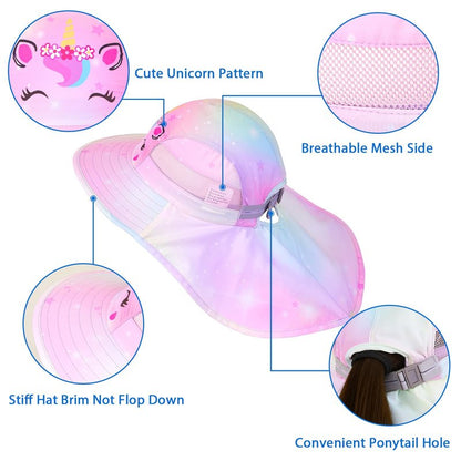 Kids Sun Hat UV Protection Summer Beach Play Hats Wide Brim Neck Flap for Girls Boys 2-9 Years, Pastel Pink Yellow