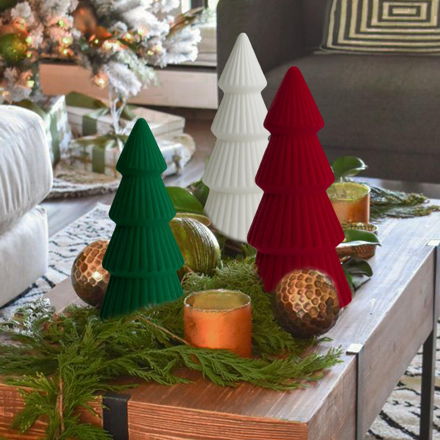 Christmas Decorations - Set of 3 Velvet Ceramic Christmas Trees - Modern Cone Indoor Christmas Decoration Centerpieces for Table Mantel and Living Room Home Decor (Red)