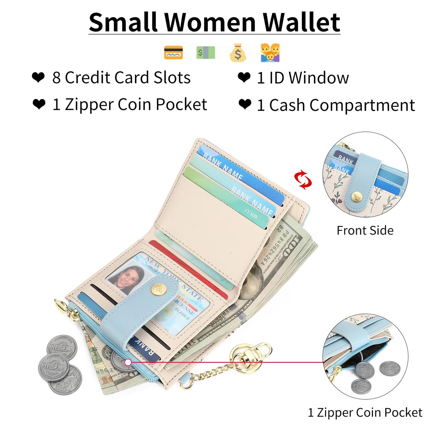GAEKEAO Small Wallet for Women RFID Blocking Bifold Card Holder Vegan Leather with Zipper Coin Pocket, ID Window, Keychain