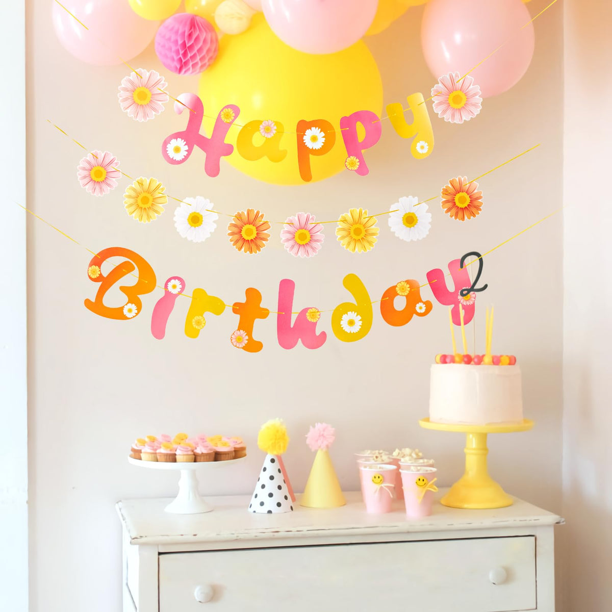 SUNBEAUTY Flower Daisy Happy Birthday Banner Groovy Party Banners Groovy Party Decorations Boho Happy Birthday Banner Daisy Retro Hippie Party Supplies Baby Shower | Pre-Strung
