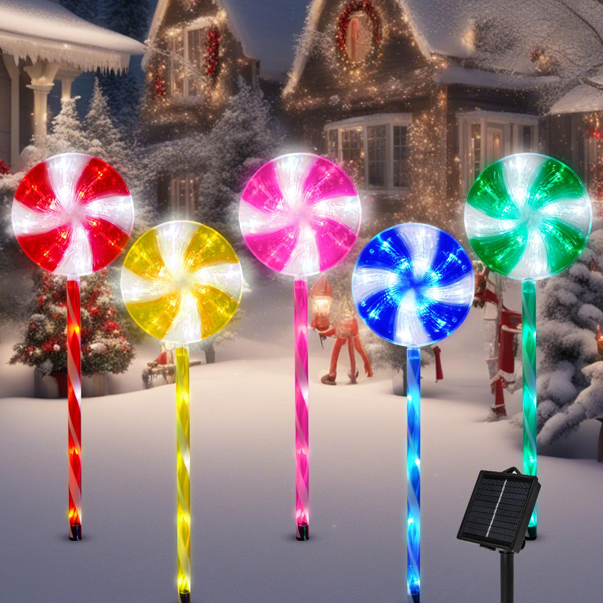 Outdoor Christmas Decorations Solar Pathway Lights, Set of 5 Lollipops Peppermint Stake Lights, 8 Modes Candy Cane Walkside Lights, Outdoor Xmas Decoration for Walkway,Yard