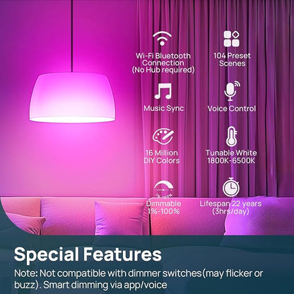Linkind Smart Light Bulbs, 1600LM (100W Equivalent) Smart Bulb, Work with Alexa & Google Home, RGBTW Color Changing Bulb Music Sync, 2.4GHz Wi-Fi & Bluetooth, LED Alexa Light Bulbs 14W, A21 E26, 4Pack