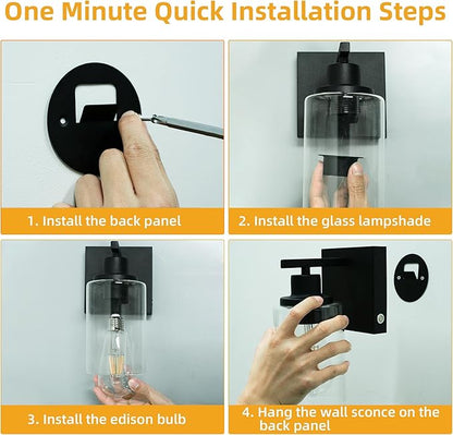 Battery Operated Wall Sconce with Remote Wall Light Rechargeable Wireless Cordless Led Glass Wall Lamp Indoor with 3 Color Temperature Dimmable E26 Edison Bulbs for Bedroom Bathroom Hallway Black