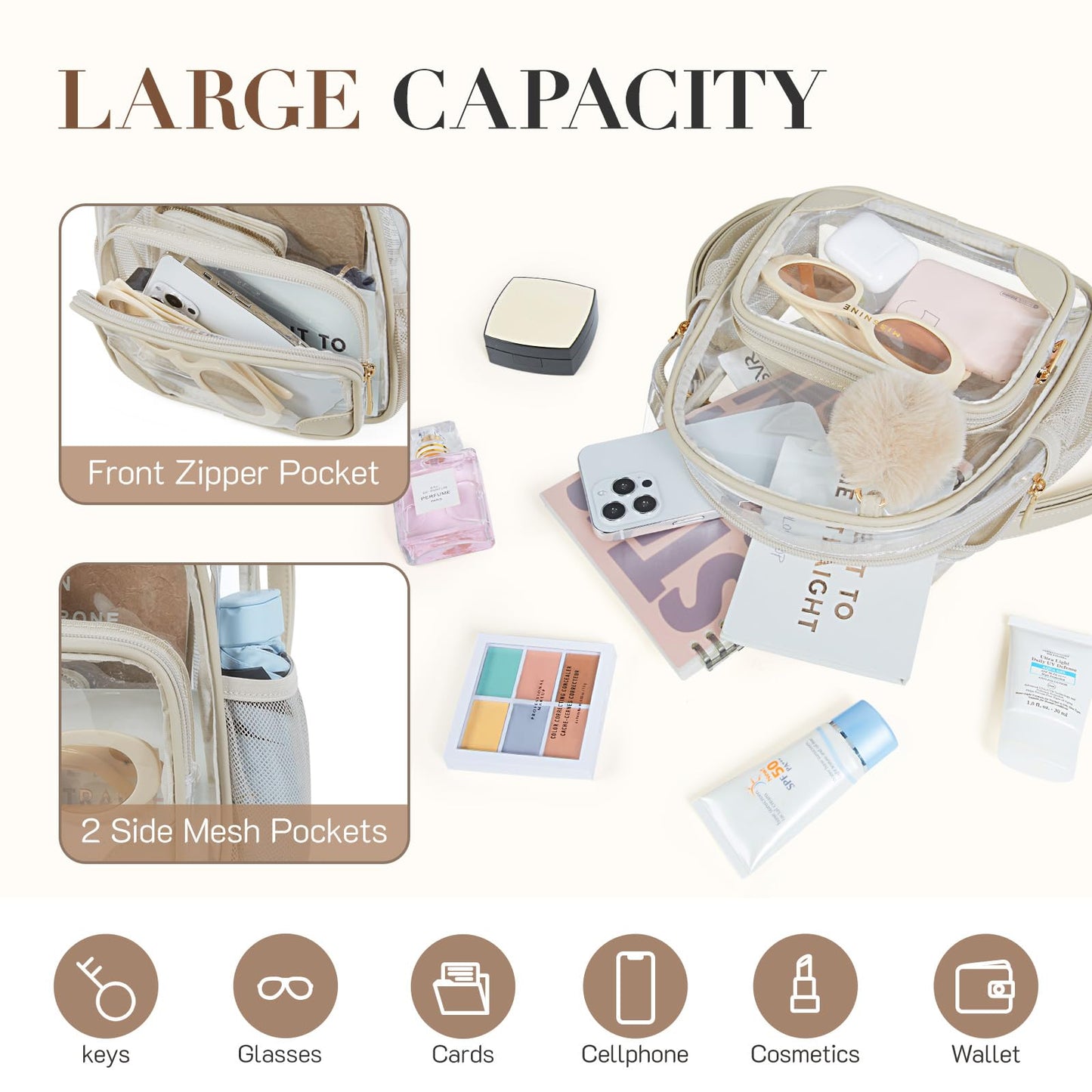 Missnine Small Clear Backpack for Stadium Events Anti-theft Mini Clear Bag for Sport Event Concert with Cute Pom-pom Ball