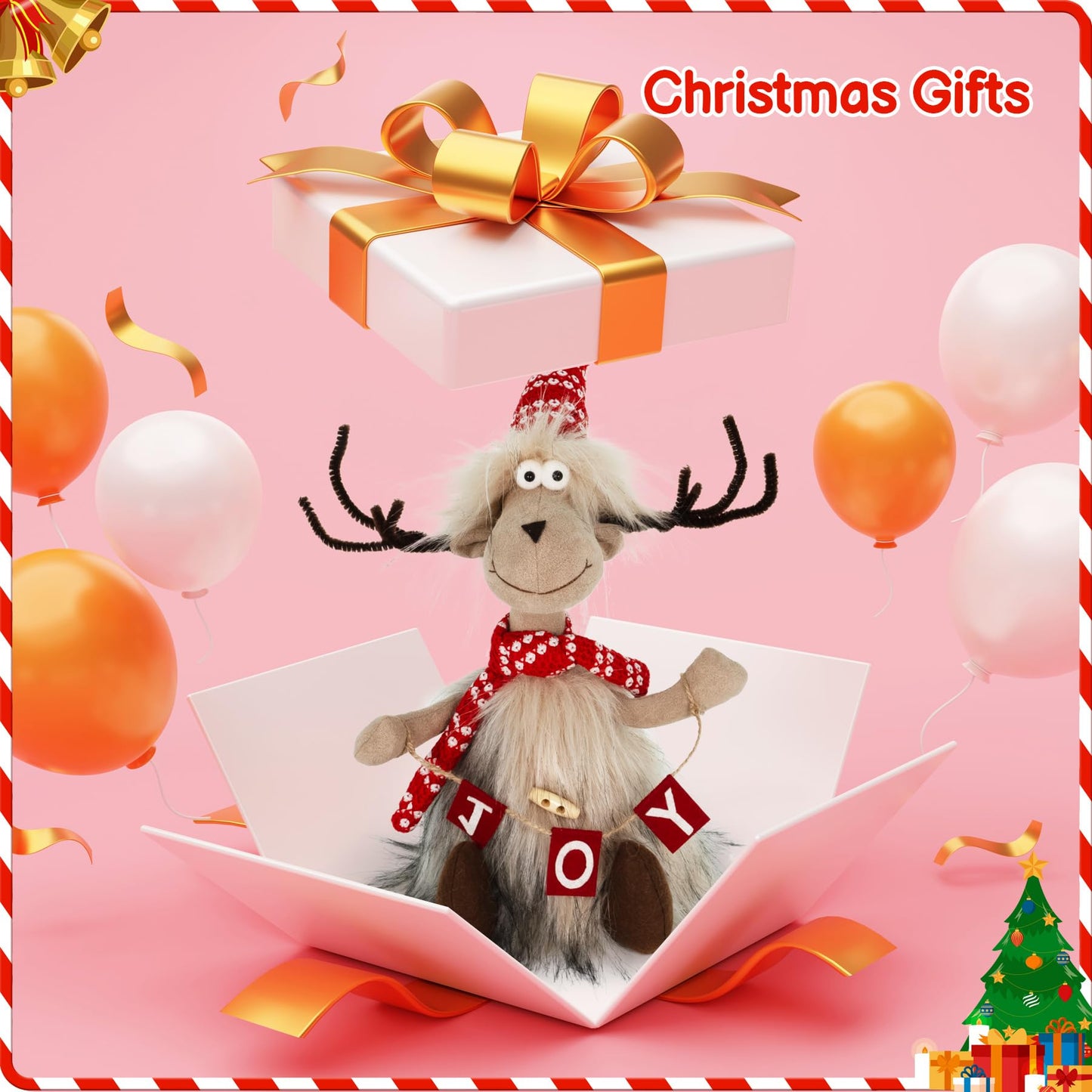TACROART Reindeer Christmas Decoration – Plush Sitting Reindeer Figurine with Faux Fur Coat & Joy Banner, Rustic Tabletop Christmas Decor for Mantel, Shelf, or Gift Display