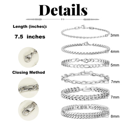 XIANNVXI 6 Pcs Silver Bracelets for Men Women Stainless Steel Bracelet Cuban Chain Metal Link Rope Bracelet Set 7.5 Inches
