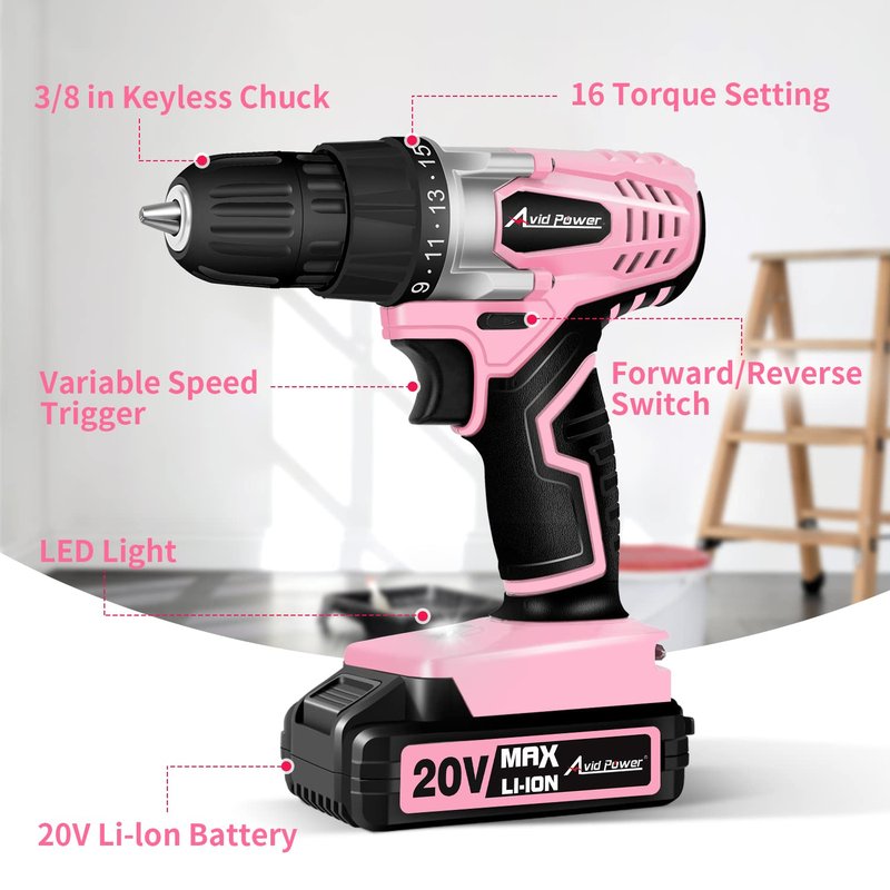 AVID POWER 20V Cordless Drill Set for Home DIY & Beginner Projects - Lightweight Power Drill with Battery Charger & 22 Bits, Variable Speed, 3/8" Keyless Chuck, Ideal for Furniture Assembly (Pink)