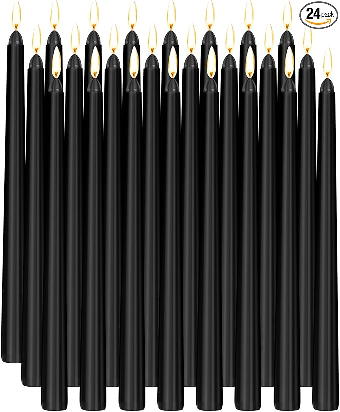 24 Pack Black Taper Candles, 0.85 x 10 Inch Tall, Unscented Smokeless Dripless Dinner Candlesticks for Halloween Home Décor Wedding Party