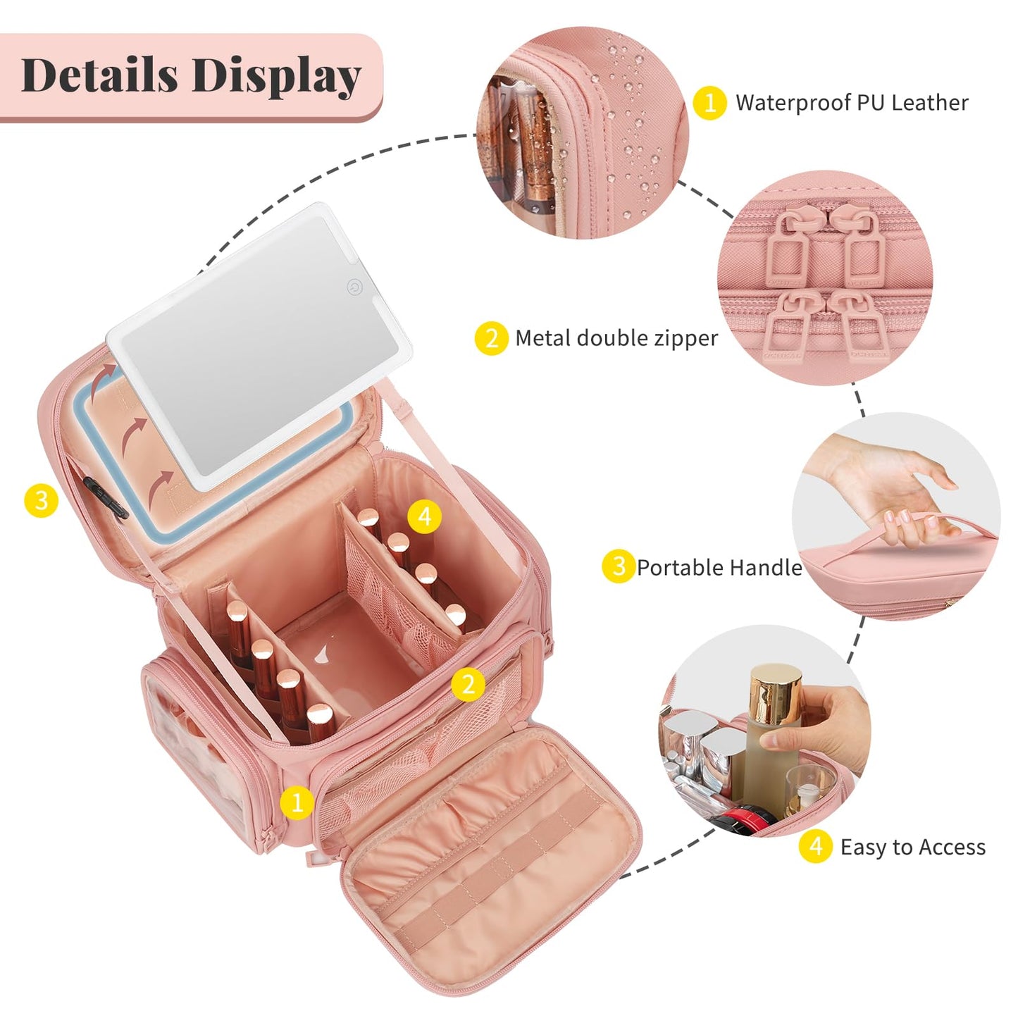Large Makeup Bag with LED Mirror, Travel Makeup Bag Organizer for Women Girls with Makeup Brush Compartment & Two Side Pockets, 3 Color Lights Cosmetic Toiletry Bag- Leather Pink