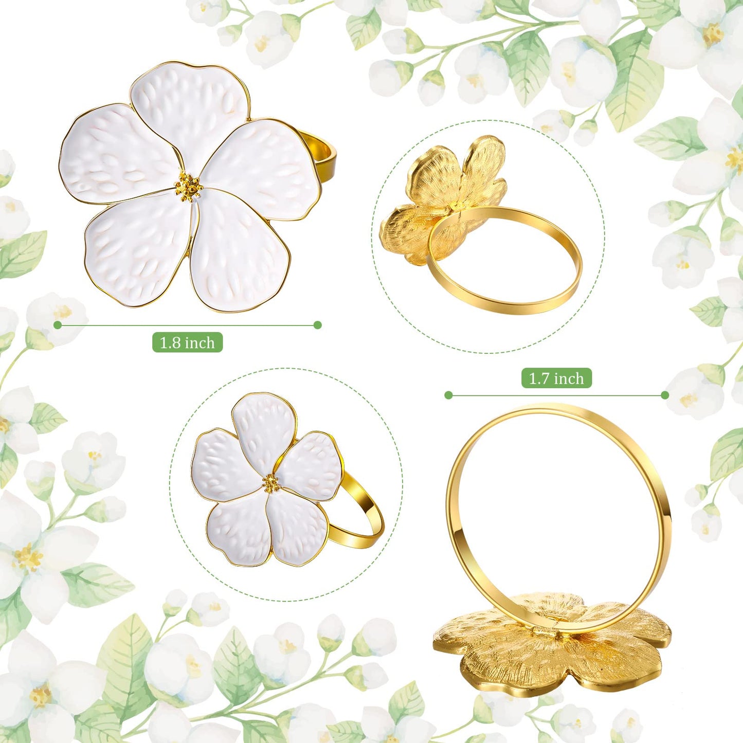 Patelai 24 Pcs White Flower Napkin Rings Bulk Gold Cloth Napkin Holder Set Floral Serviette Buckles Table Decor for Wedding Banquet Birthday Christmas Baby Shower Dinner Daily Use
