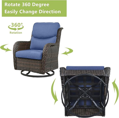 Rilyson Wicker Rocking Chair Swivel Chairs - 3 Piece Rocker Patio Furniture Set Rattan Rocking Bistro Sets with Glass Top Side Table for Outdoor Porch Deck Garden Backyard (Brown/Blue/Smile)