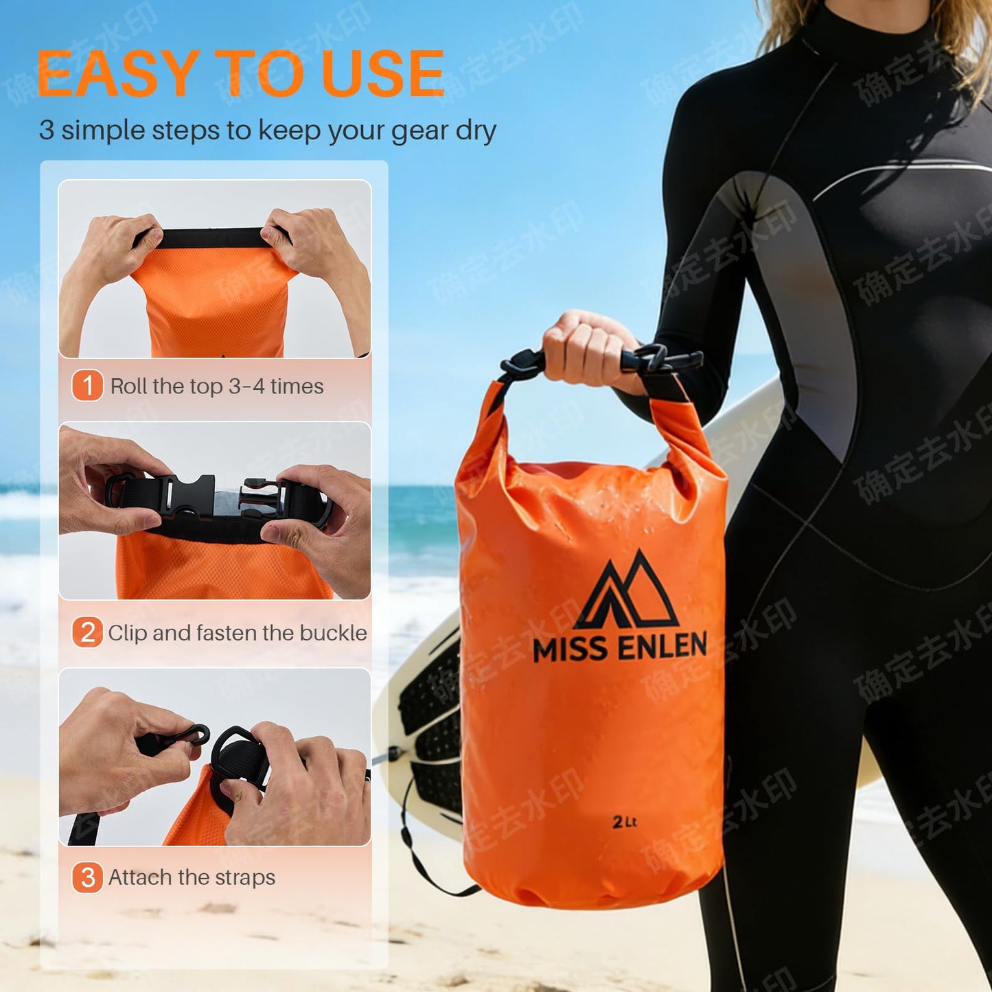 MISS ENLEN Waterproof Dry Bag 500D PVC Roll Top Dry Sack with 3 Carrying Ways, Lightweight Waterproof Bag for Kayaking, Swimming, Boating, Paddle Boarding, Hiking, Beach (Orange, 2L)