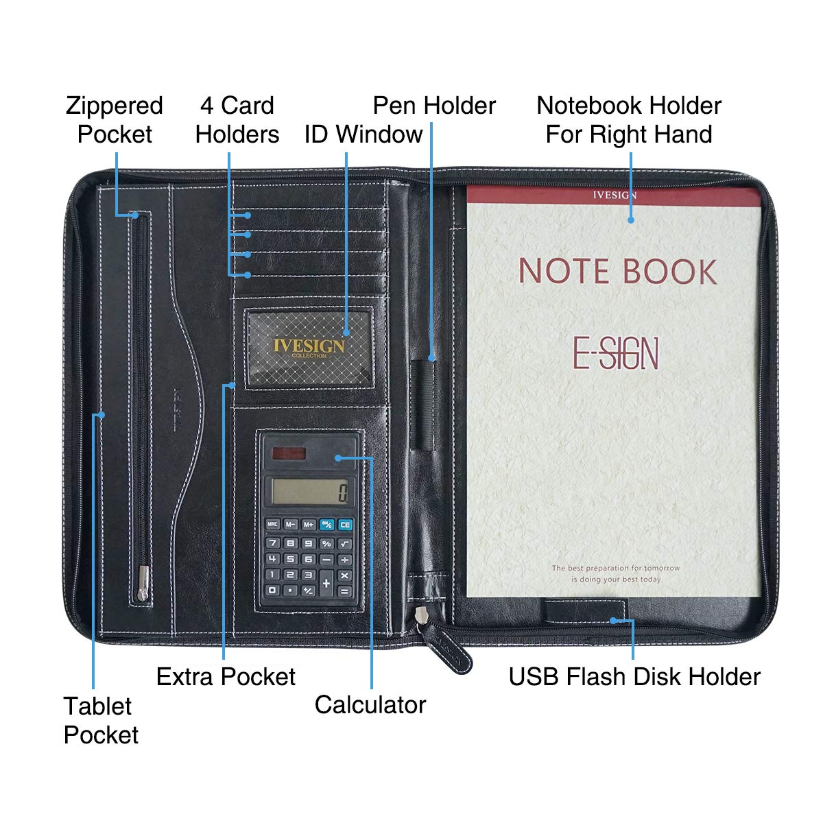 IVESIGN Faux Leather Portfolio Padfolio Organizer with Calculator, Writing Pad, Zipper Closure, Tablet Sleeve, Clipboard with Storage, Document Organizer, Business Card Holder, Note Pads-Black