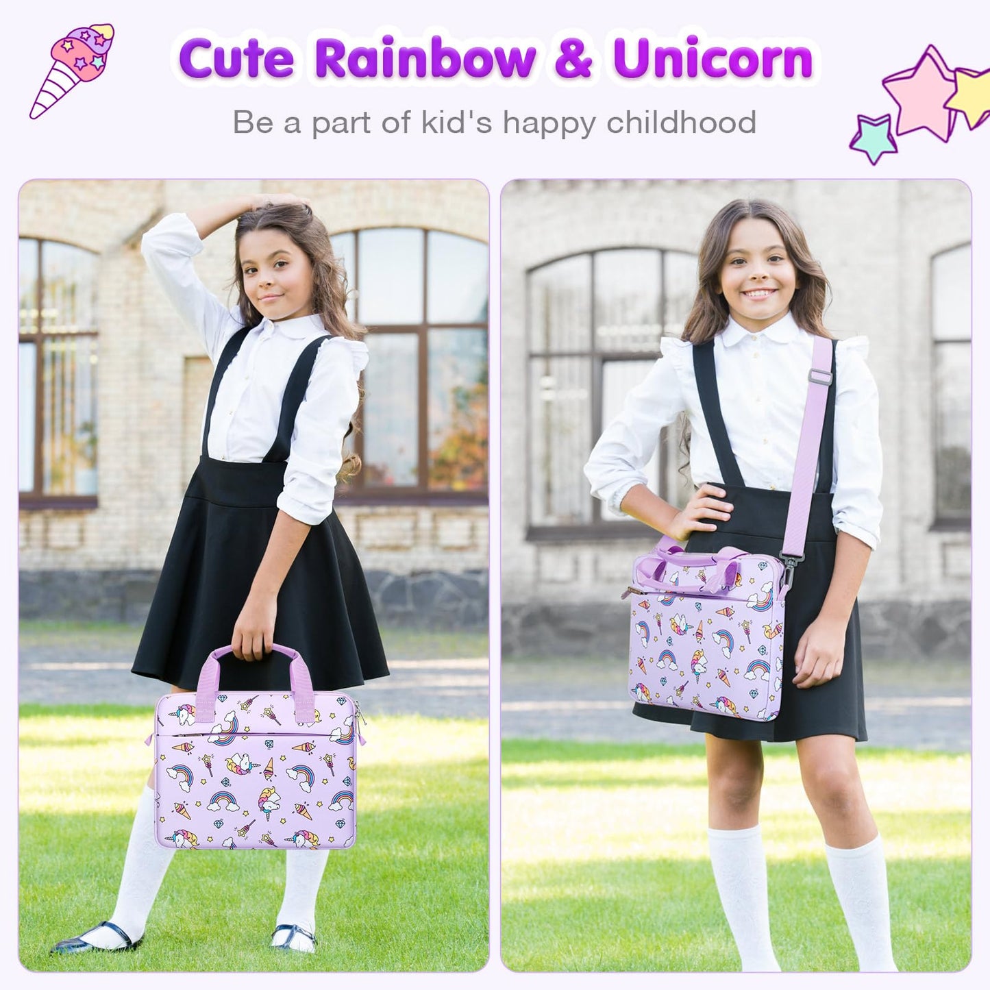 MoKo 10-12.5 Inch Kids Tablet Sleeve Carrying Case for Fire HD 10 13th/11th Gen, Fire HD 8/7 Kids 2022, Tablet Bag with Shoulder Strap for 10/10.1 Inch Android 12/13, Rainbow & Unicorn (Lilac)