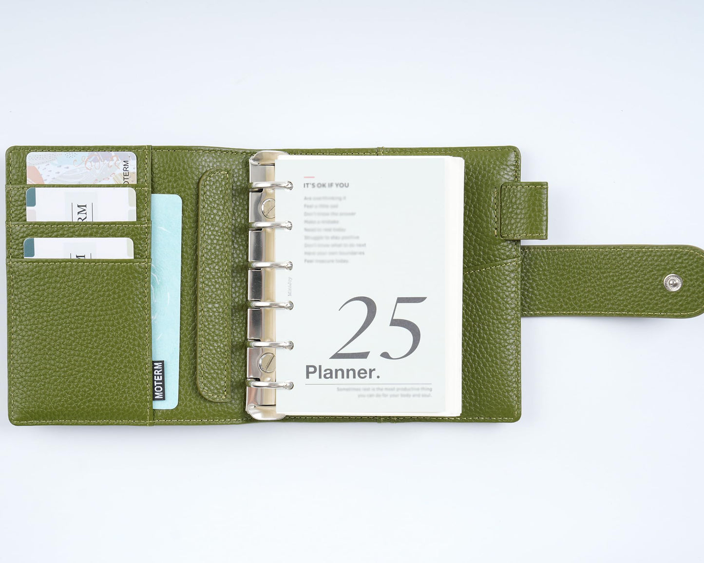 Moterm Pocket Elite Rings Planner - Genuine Leather Binder Organizer without Big Back Pocket (Pebbled-Olive, 25mm Ring)