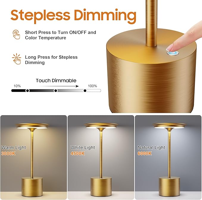 Cordless Table Lamp,Rechargeable 6000mAh Battery Operated Portable Table Light, 3 Color Stepless Dimmable Battery Lamps, LED Table Light for/Restaurant/Outdoor/Patio(Gold)