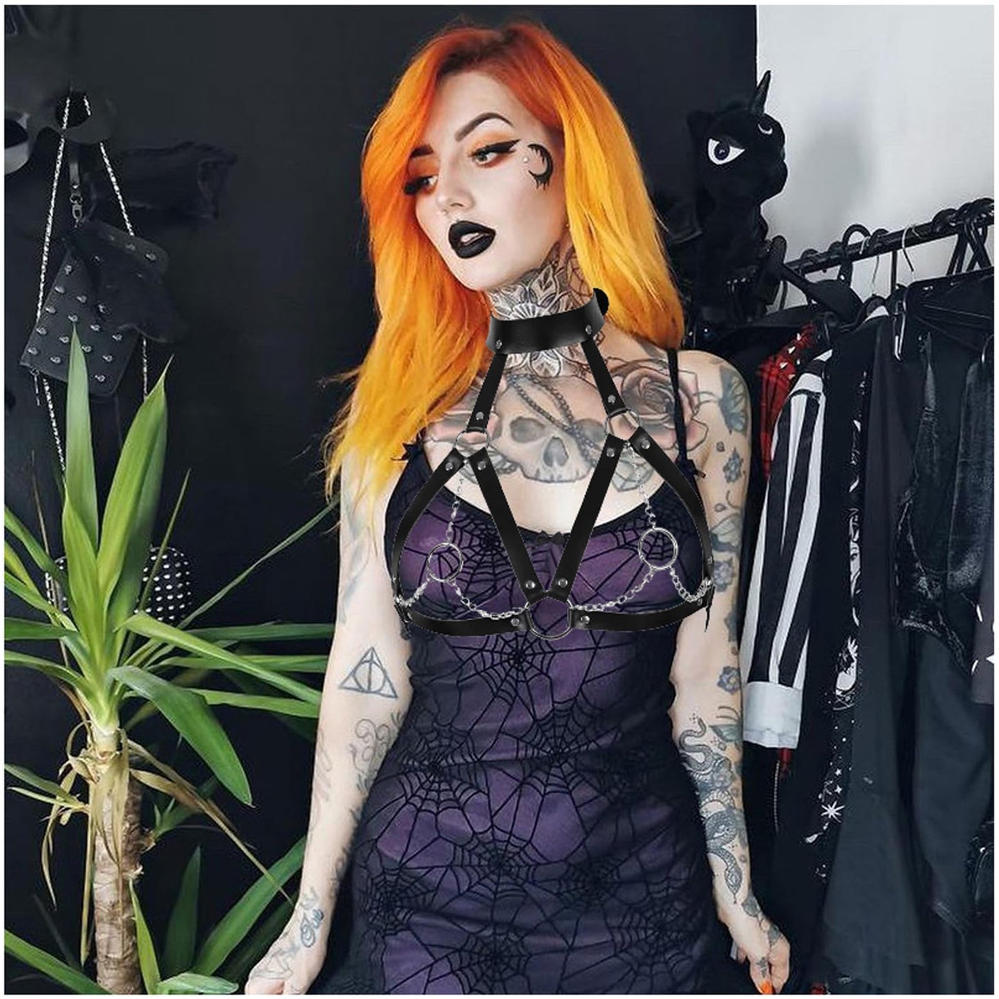 Punk Black Chest Harness Goth Fashion Adjustable Strap Body Harnesselt Waist Chain Belts,Women's Body Chains Rave Accessories
