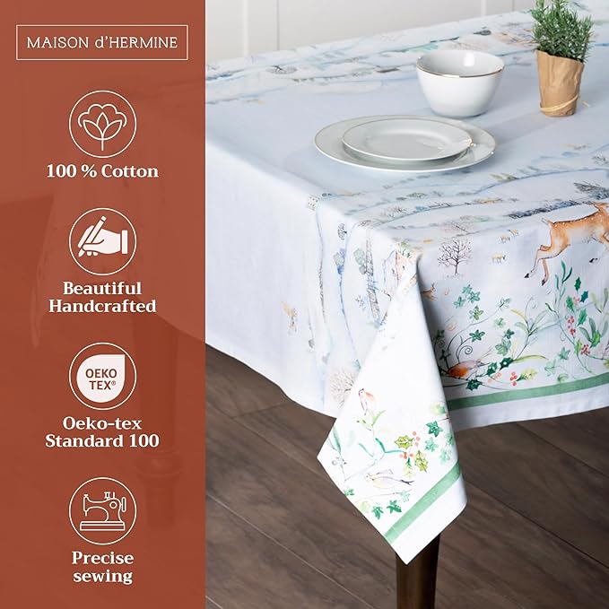 Maison d' Hermine Table Cloth Rectangle Table 100% Cotton 60 x 108 Inches Fall Tablecloth Reusable Everyday Use for Thanksgiving Christmas Decorations Dining Farmhouse Party (Snowy World)
