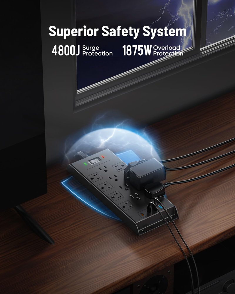 Surge Protector Power Strip 4800J, LeZone 10Ft Long Extension Cord Flat Plug, 12 Outlets 2 USB C 2 USB Ports, Wall Mountable, Desk Charging Station, Black