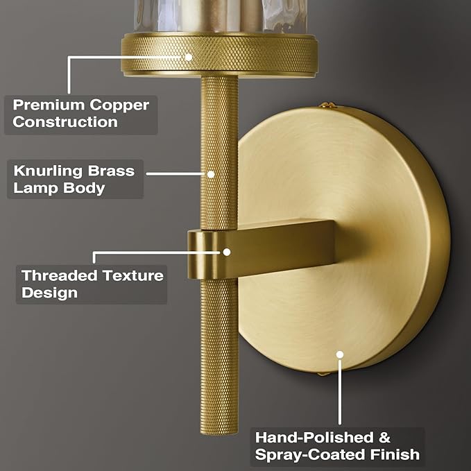 Gold Sconces Wall Lighting 19.48" with Rippled Glass Shade, Solid Knurled Brass Wall Sconces, Vintage Industrial Sconce Lamps for Bedroom Bathroom Entryway & Staircase Mirror Decor(Including Bulb)