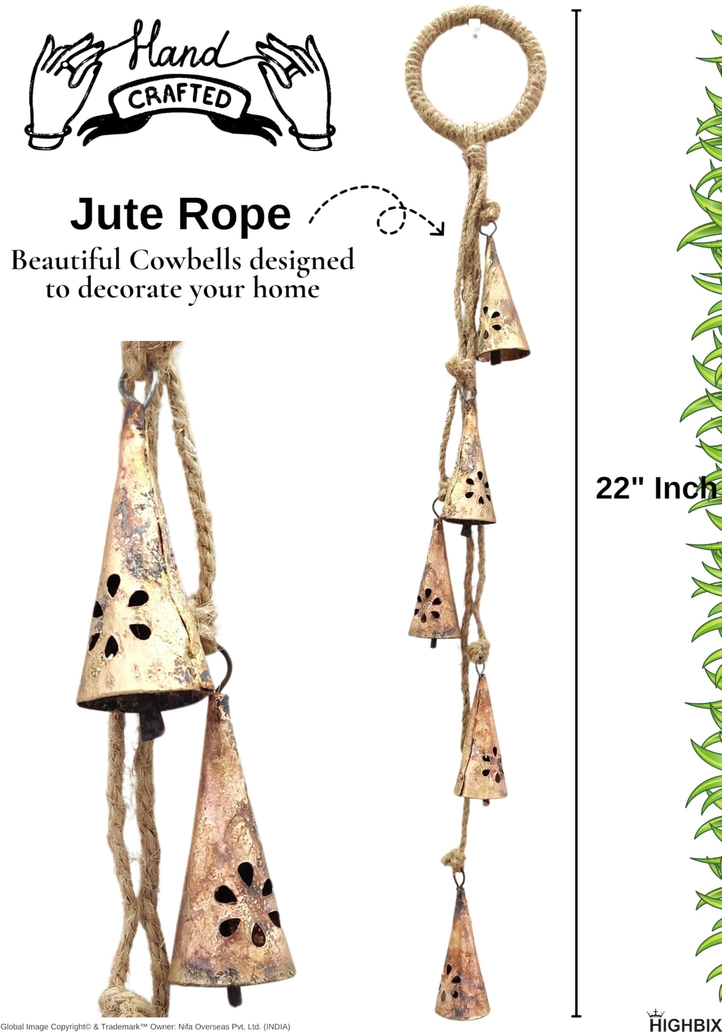 HIGHBIX Shabby Chic Hanging Bells Cluster – Rustic Handmade Metal Bell Décor for Wall, Door, Garden, or Festive Decoration (1, Flower Cut Cone)