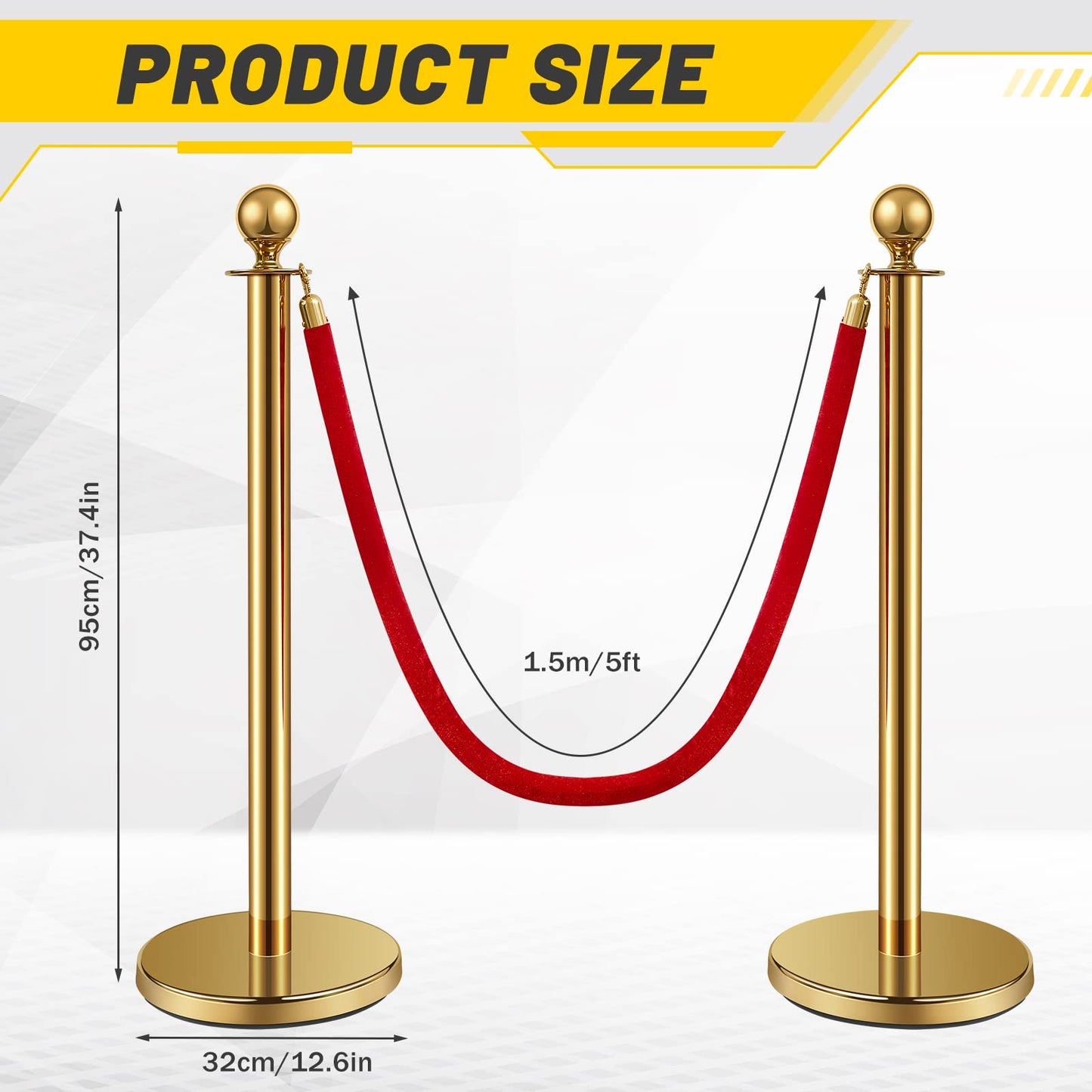 Ferraycle 4 Pcs 2026 Prom Stainless Steel Stanchion 5 ft Velvet Carpet Ropes and Pole Crowd Control Barriers Grand Opening Casino Movie Theme Party 360 Photo Booth Accessories (Gold)