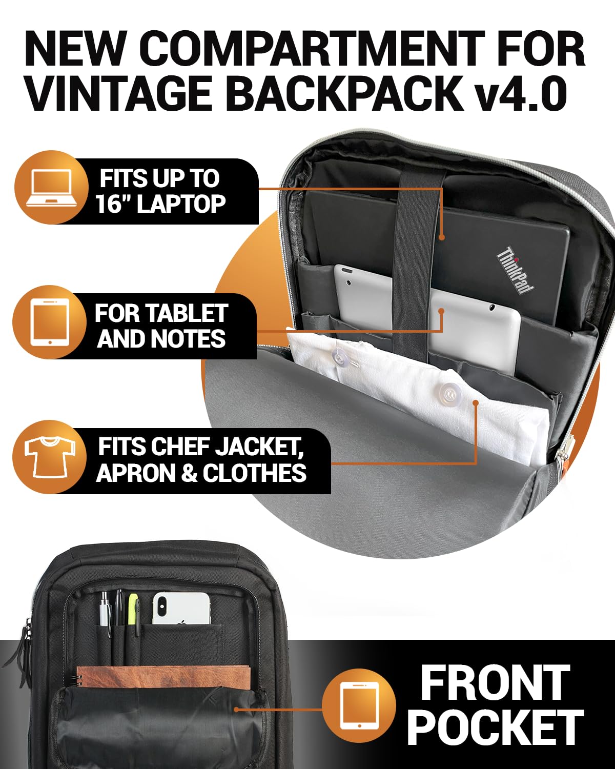 Chef Knife Bag Vintage Backpack VINTAGE, Professional Knife Carrying Case for Chefs & Culinary Students, 30+ Pockets, Holds 10" Knives, Water-Resistant 600D Material (Night Black)