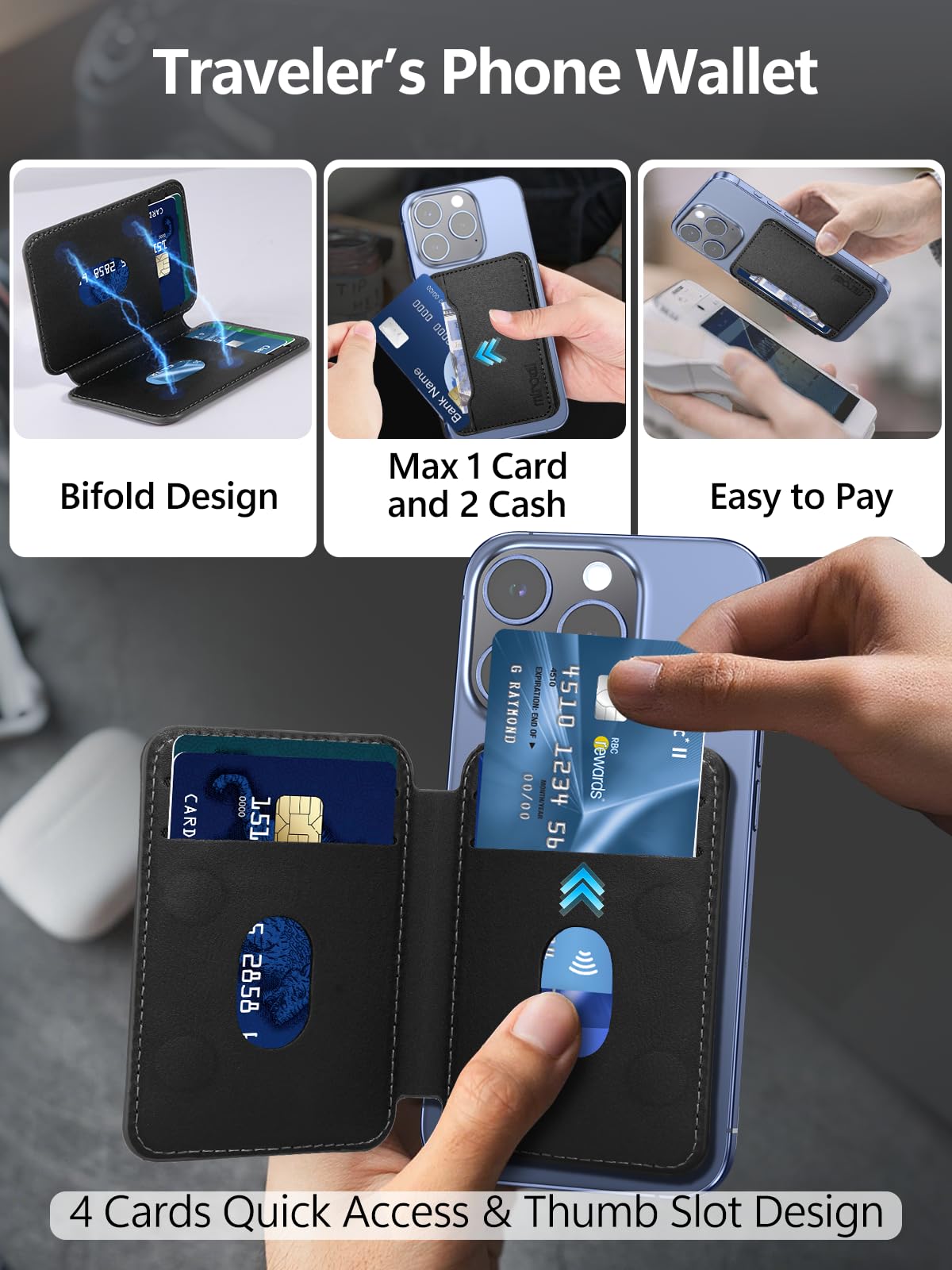 Miroddi for Magsafe Wallet, Ultra-Thin Leather Magnetic Phone Wallet Compatible with iPhone 17/16/15/14/13/12 Series, Magnetic Back of Phone Card Holder Fit 5 Cards 2 Bills, RFID Blocking, Black