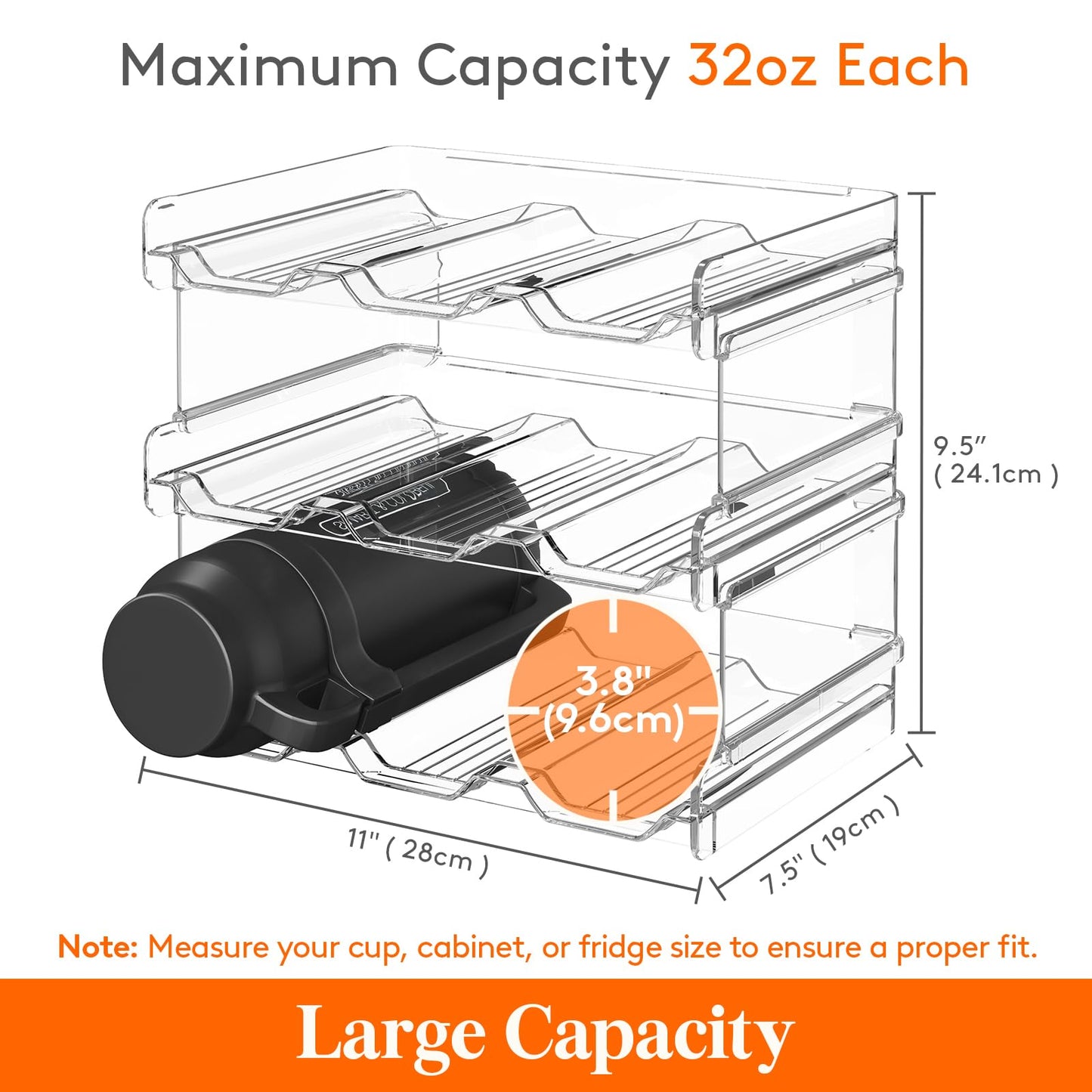 Lifewit Stackable Water Bottle Organizer for Cabinet, Plastic Bottle Holder Fits Bottles & Tumblers up to 3.8" Diameter, Pantry, Countertop & Fridge, Holds 6 Bottles
