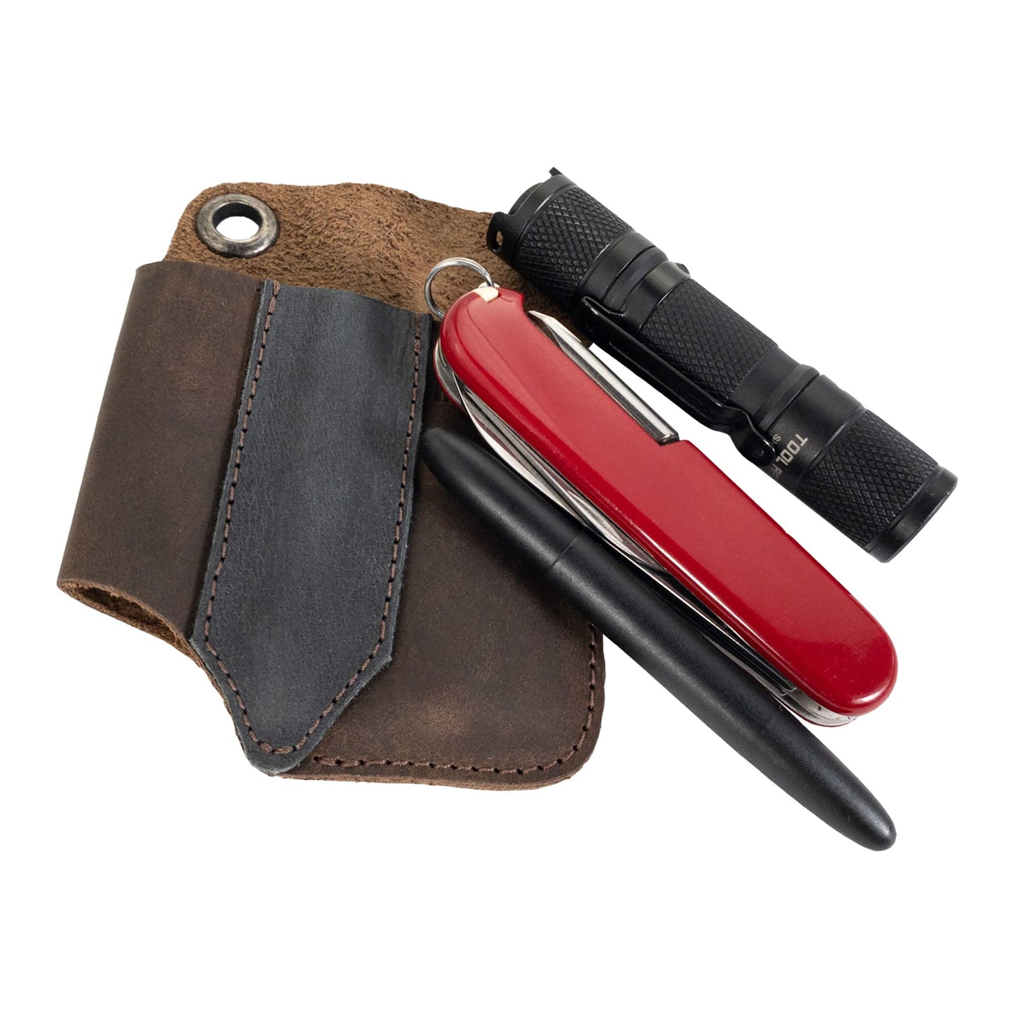 Valhalla Gear, EDC Tool Holster, Rustic Sleeve for Tools, Pocket Case, Full Grain Leather, Handmade, (Bourbon Brown/Charcoal Black)