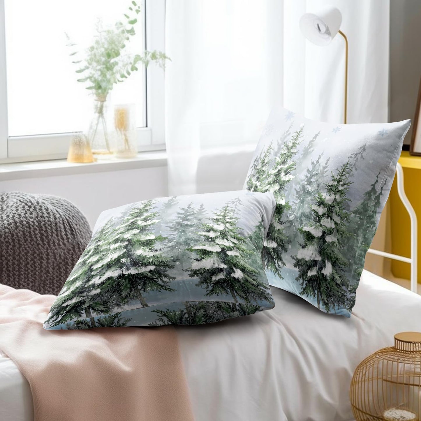 Imiss Dark Green Pine Tree Pillow Covers 18x18 Inch Set of 2 - Winter Forest Snowflake Throw Pillow Case Rustic Style Nature Decorative Cushion Cover for Christmas Holiday Living Room Sofa Bedroom