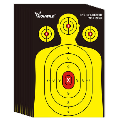 Highwild Shooting Range Silhouette Paper Target - 12X18 Inches - Suitable for Handguns, Rifles, Airguns, BB Guns (25 Pack, Black & Yellow)