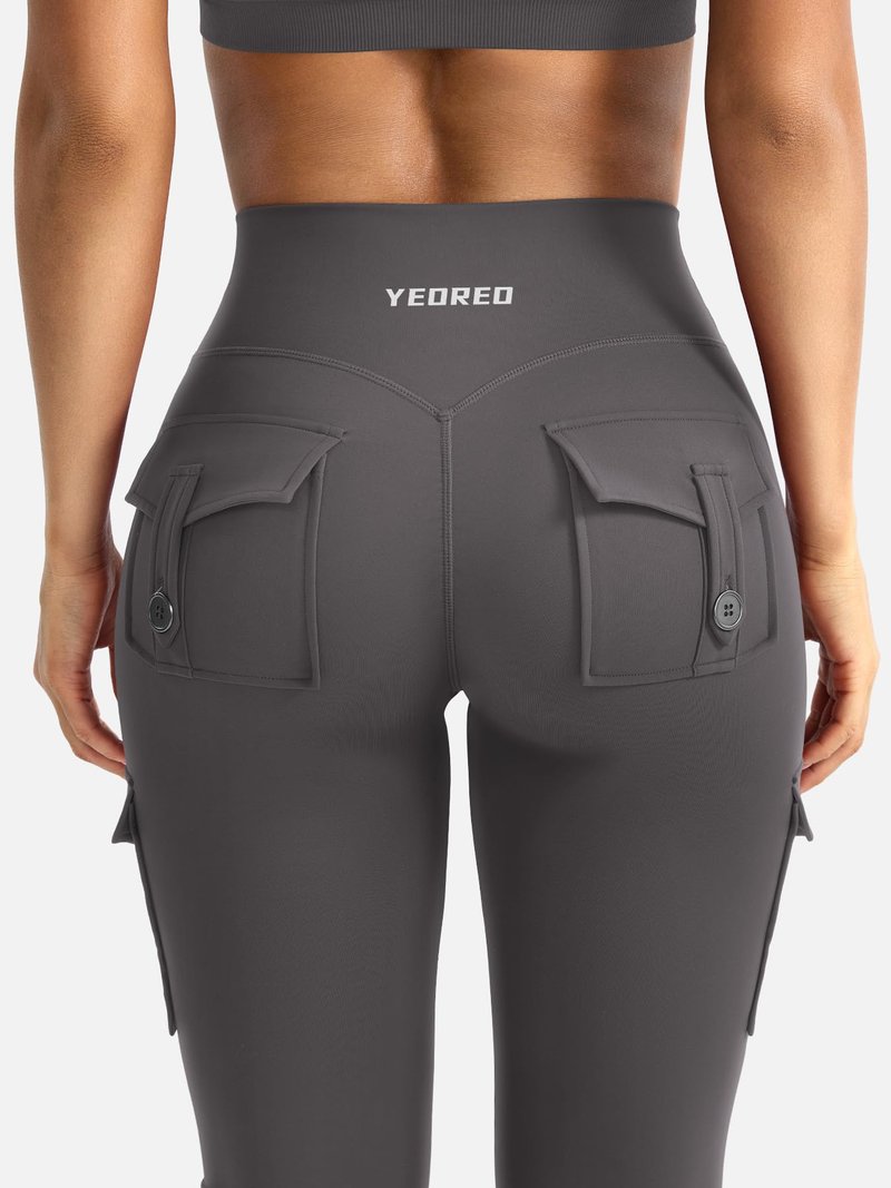 YEOREO CoreFlex Women Workout Flare Leggings with Pockets Hidden Scrunch High Waisted Cargo Gym Yoga Leggings Dark Grey S