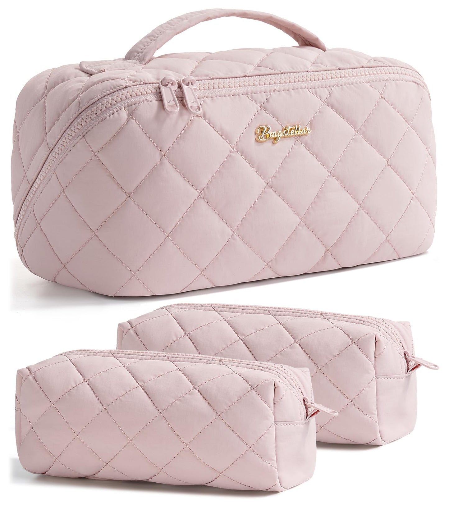 Travel Makeup Bag, 3 Pcs Large Capacity Puffy Toiletry Bag for Women, Open Flat Make up Cosmetic Organizer w/Handle & Clear Divider Water-resistant Portable Pouch Travel Essentials, L-Light Pink