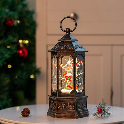 Christmas Snow Globe Lantern Water Glittering 11.6'' Cardinal & Birdhouse with Music & Timer, USB Lined/Battery Operated Lighted Lantern for Christmas Festival Decoration Gifts
