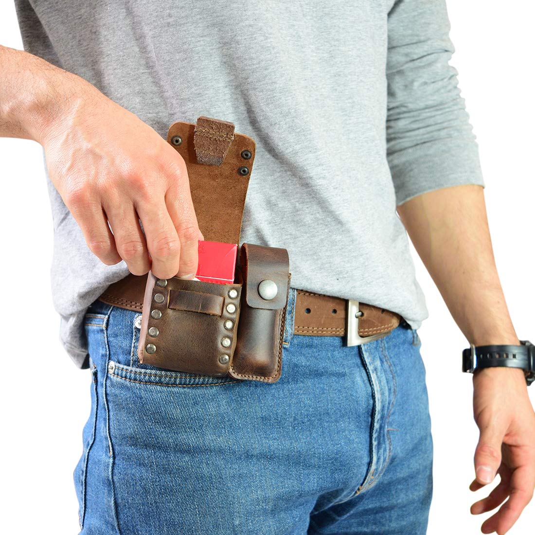 Hide & Drink, Riveted Cigarette and Lighter Holder, Belt Tobacco Case, Smoking Accessories, Full Grain Leather, Handmade, Bourbon Brown