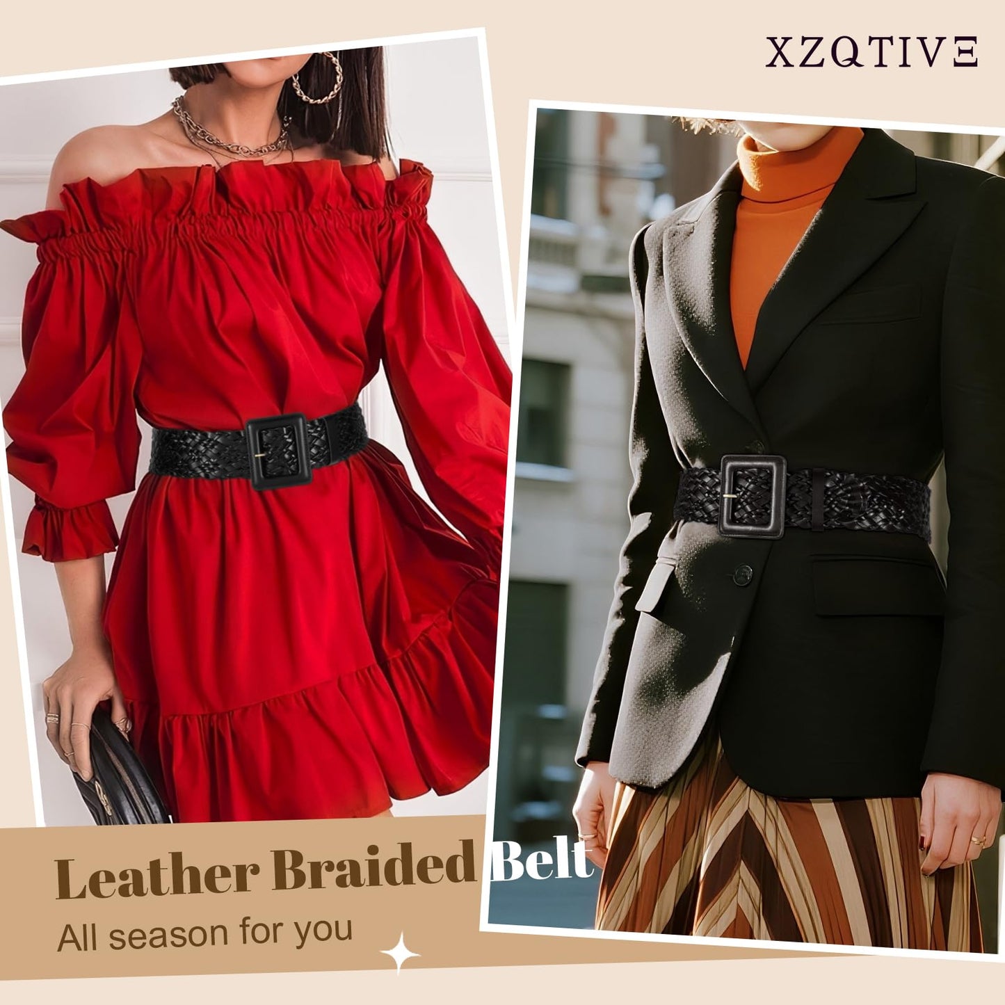 XZQTIVE Women Wide Belt for Dresses Fashion Thick Braided Leather Belts with Square Buckle, Woven Waistband for Ladies, Black(Fit Waist Size Below 27'')