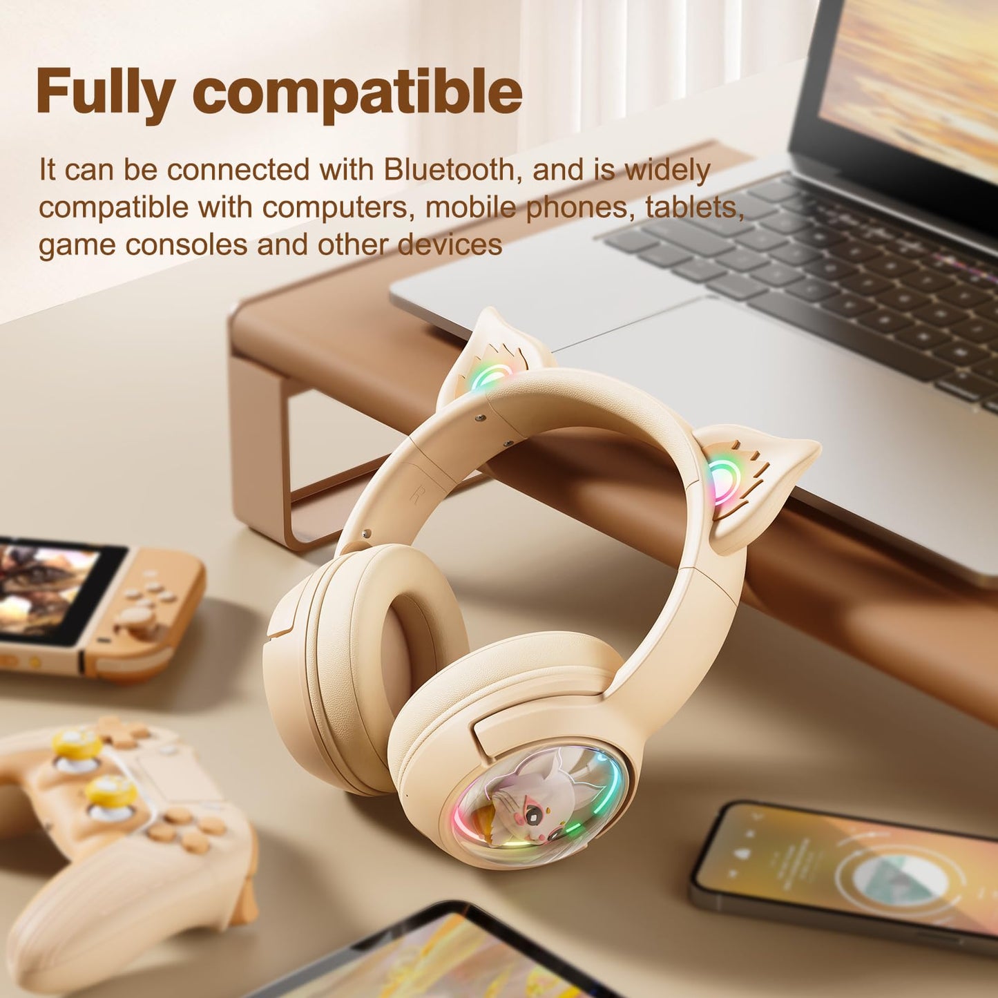 PHNIXGAM Cat Bluetooth Headphones, Wireless Headset with Mic, RGB LED Light Compatible with Mobile Phones PC Tablet, with 3.5mm Wired Mode for Audio Only, Beige