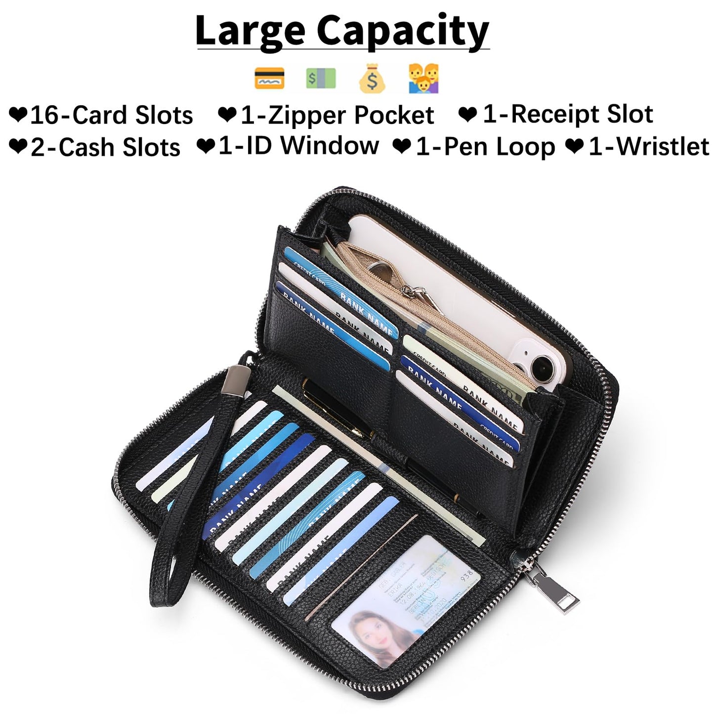 GOIACII Womens Wallet RFID Blocking Leather Zip Around Wallet Large Capacity Long Purse Credit Card Clutch Wristlet