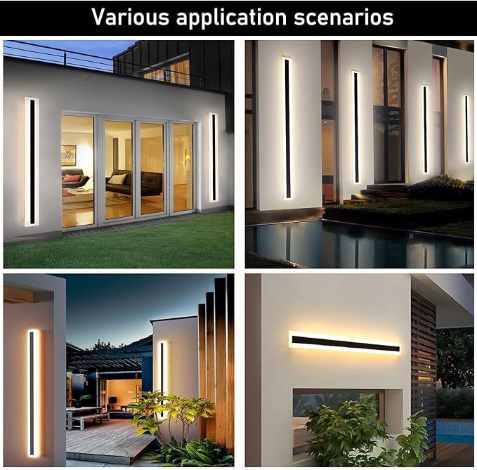2Pack 23.6inch Long Outdoor Modern LED Wall Light,18W Waterproof IP65 Warm White 110V led Wall Mount Lighting Fixture Rectangular Black Wall Lights Elegant Frosted White Acrylic Anti Rust